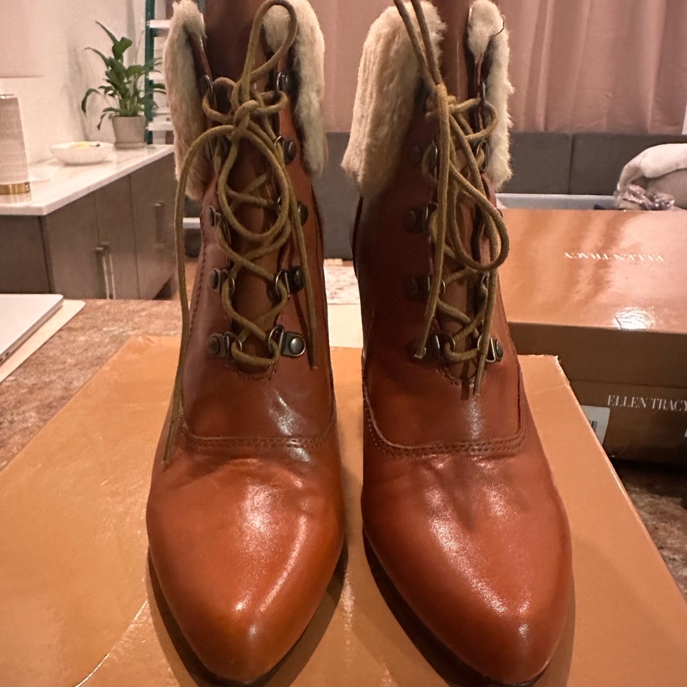 Ellen Tracy Tan Lace-Up Boots with Fur Trim